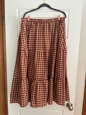 Tiered Gingham Midi Skirt in Burgundy and Cream